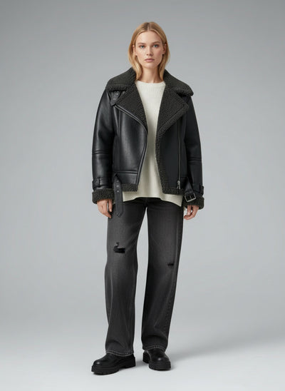 Full body view of the model wearing Pina Lederjacke