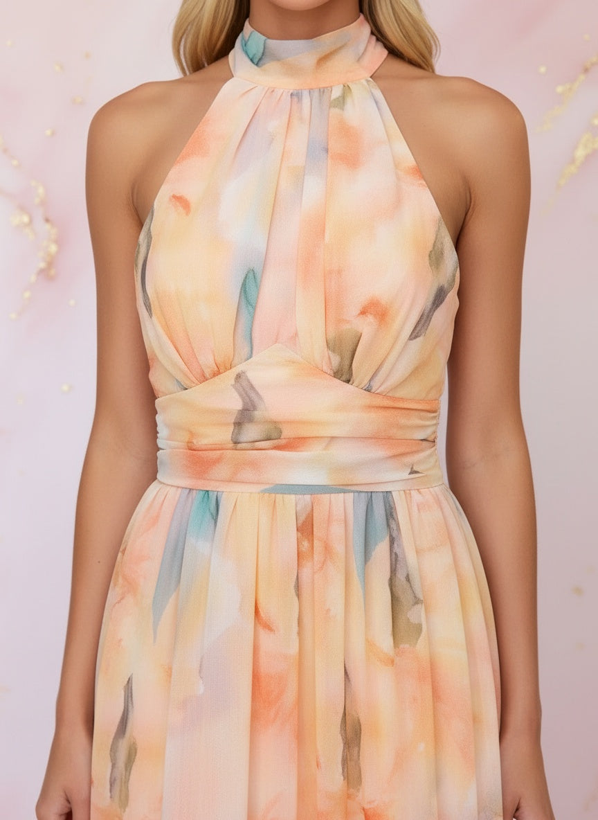 Detail shot of Naomi™ | Elegantes tailliertes Aquarell-Druck Kleid