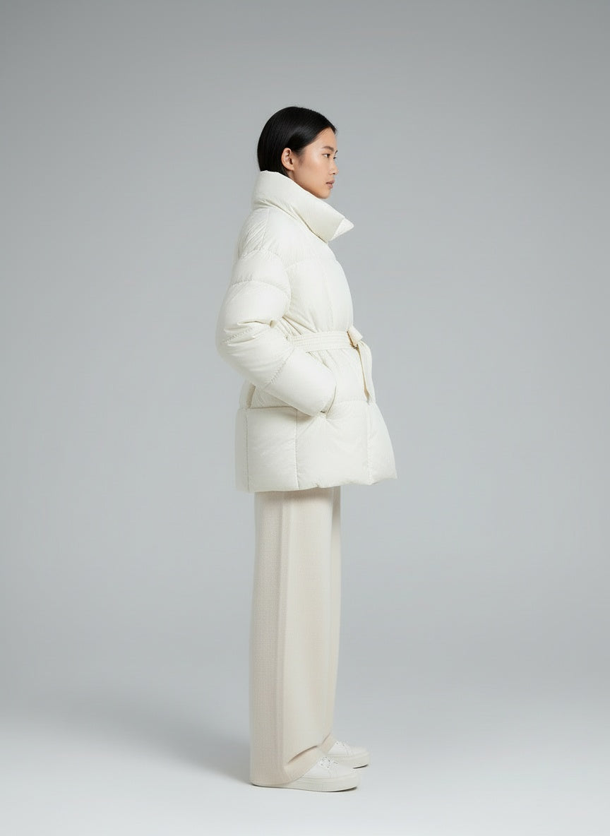Side profile of the model wearing Anneliese | Steppjacke mit Gürtel