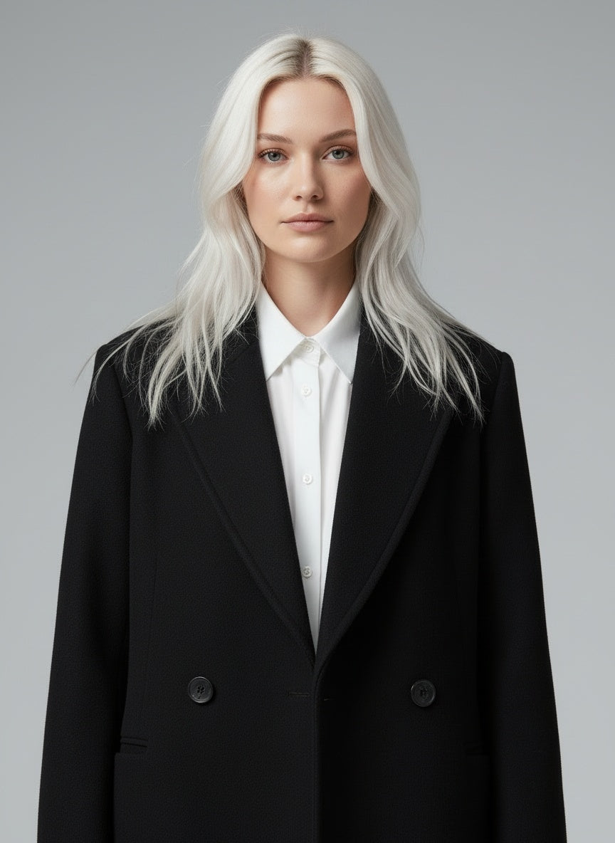 Close-up of the model wearing Clara™ | Zeitloser Premium-Mantel