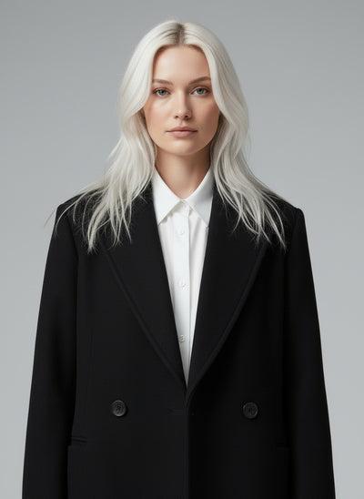 Close-up of the model wearing Clara™ | Zeitloser Premium-Mantel