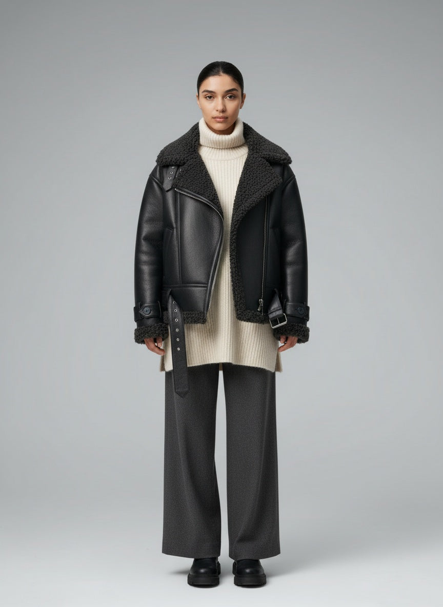 Full body view of the model wearing Elvira | Belted Shearling Coat
