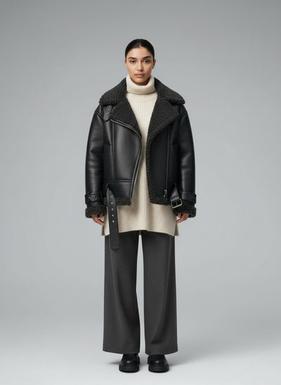 Full body view of the model wearing Elvira | Belted Shearling Coat