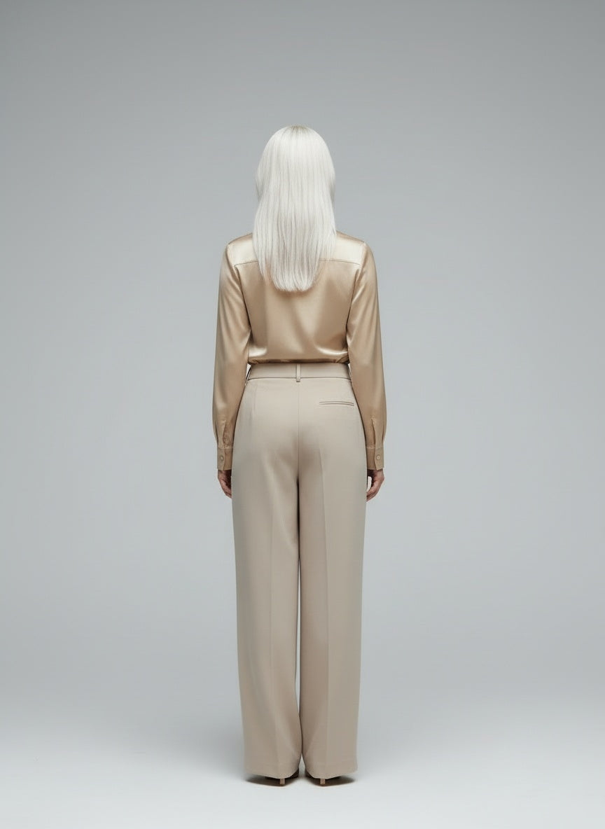 Back pose of the model wearing Sylvie | Bluse mit luxuriösem Glanz und Faltenkragen