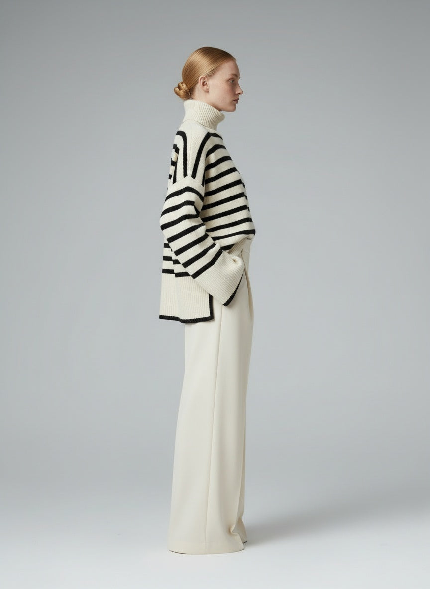 Side profile of the model wearing Liana™ | Stilvoller Casual-Pullover