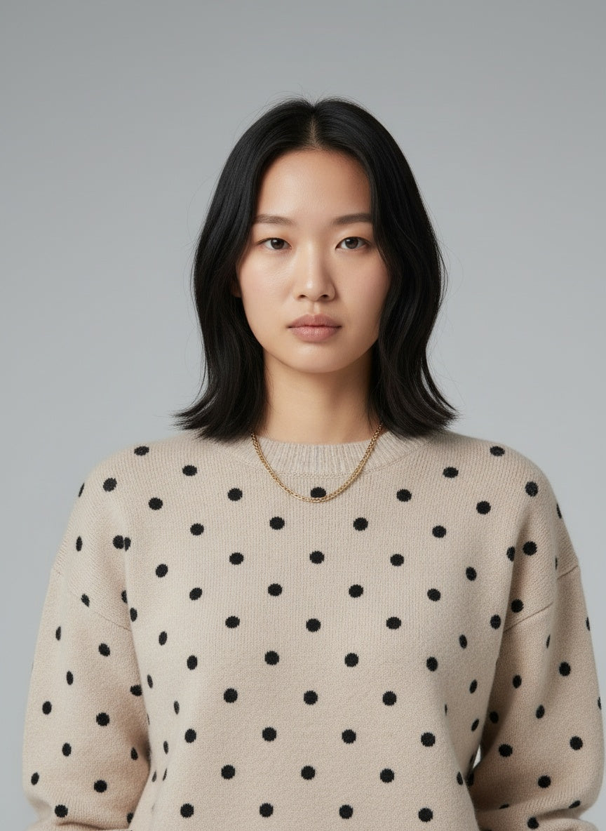 Close-up of the model wearing Luna | Polkadot Pullover