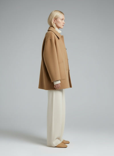 Side profile of the model wearing Serena | Oversized Mantel
