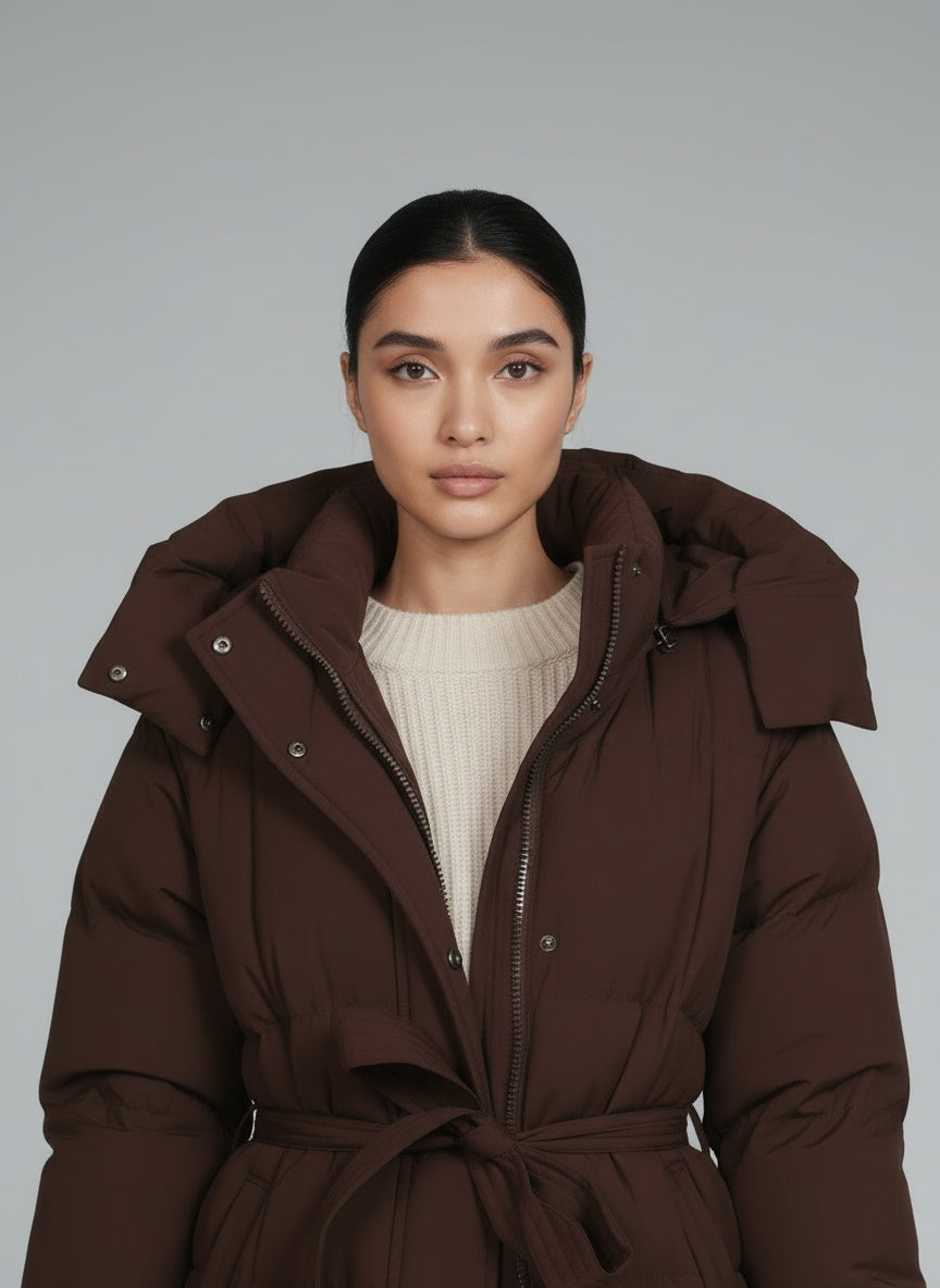 Close-up of the model wearing Tami Puffer Jacke