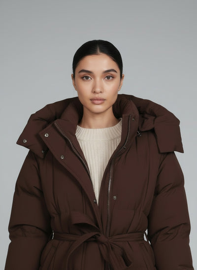 Close-up of the model wearing Tami Puffer Jacke