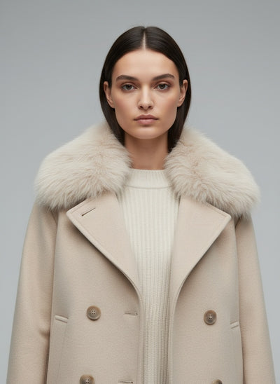 Close-up of the model wearing Eva Jacke mit Kunstpelz Kapuze