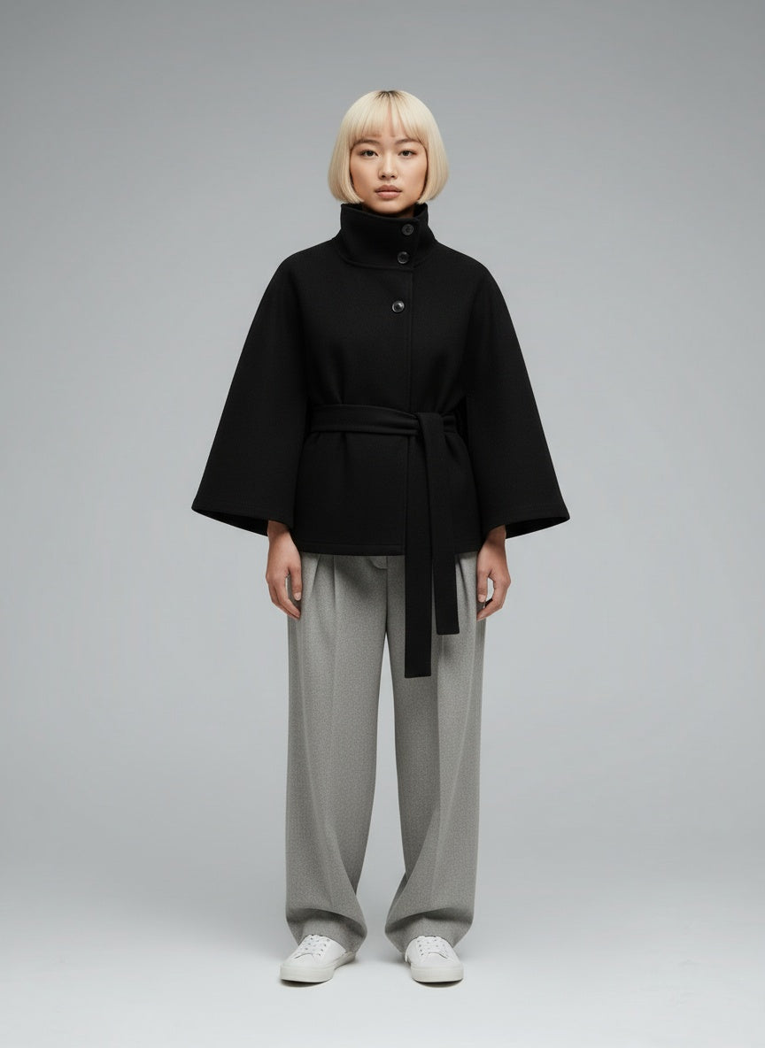 Full body view of the model wearing Lara™ | Cape-Mantel mit Taillengürtel & Stehkragen