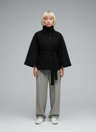 Full body view of the model wearing Lara™ | Cape-Mantel mit Taillengürtel & Stehkragen