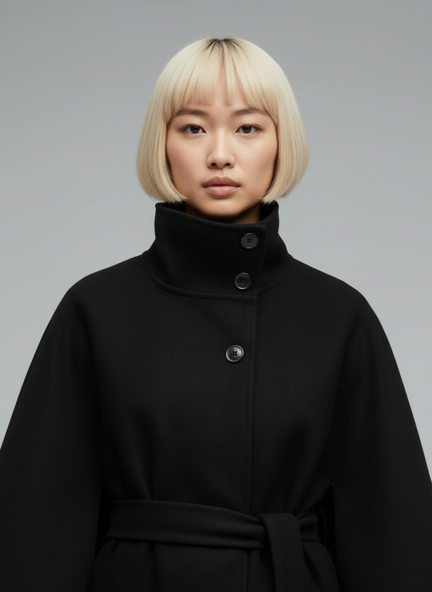 Close-up of the model wearing Lara™ | Cape-Mantel mit Taillengürtel & Stehkragen