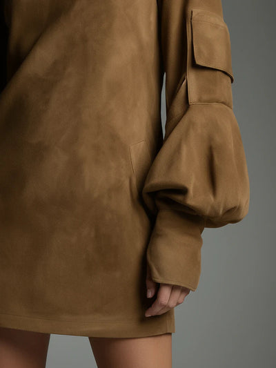 Vintage Lockere Wildleder Rollkragen Mini Kleid