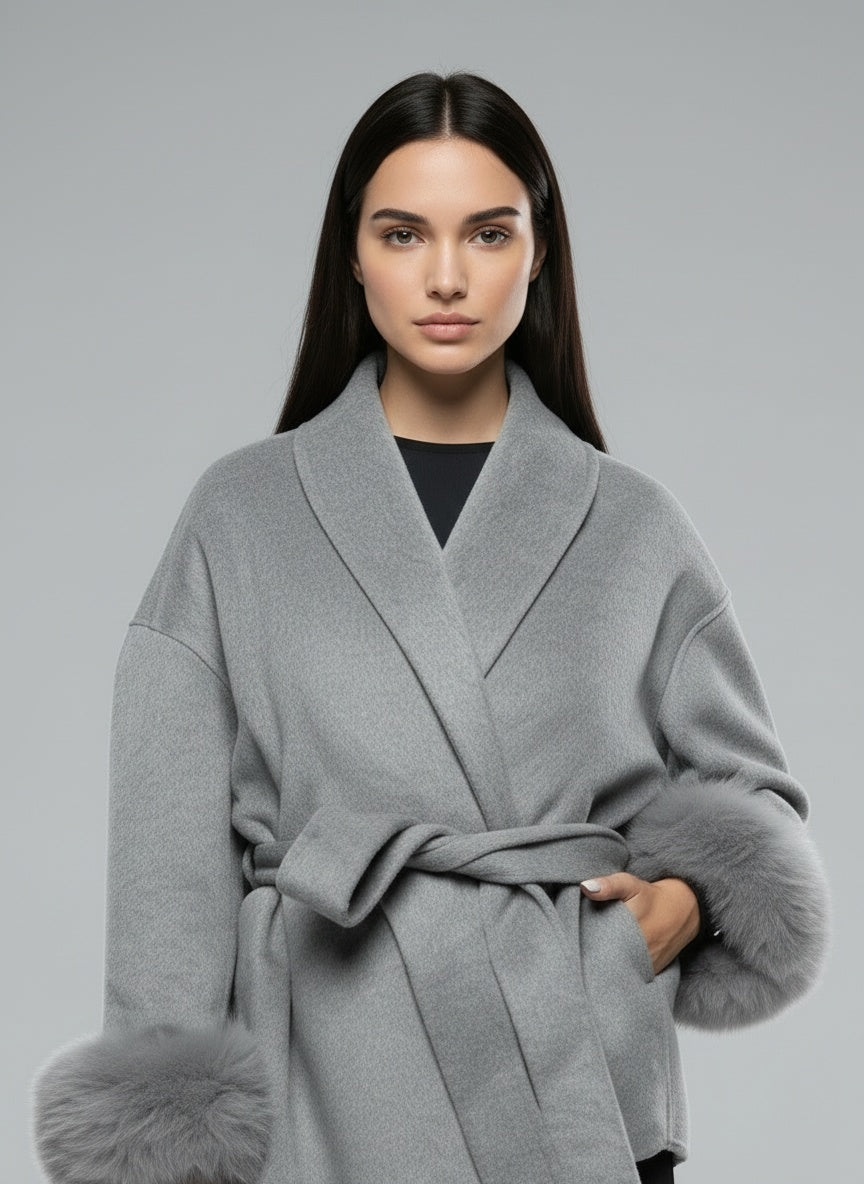 Close-up of the model wearing Linora Wollmantel