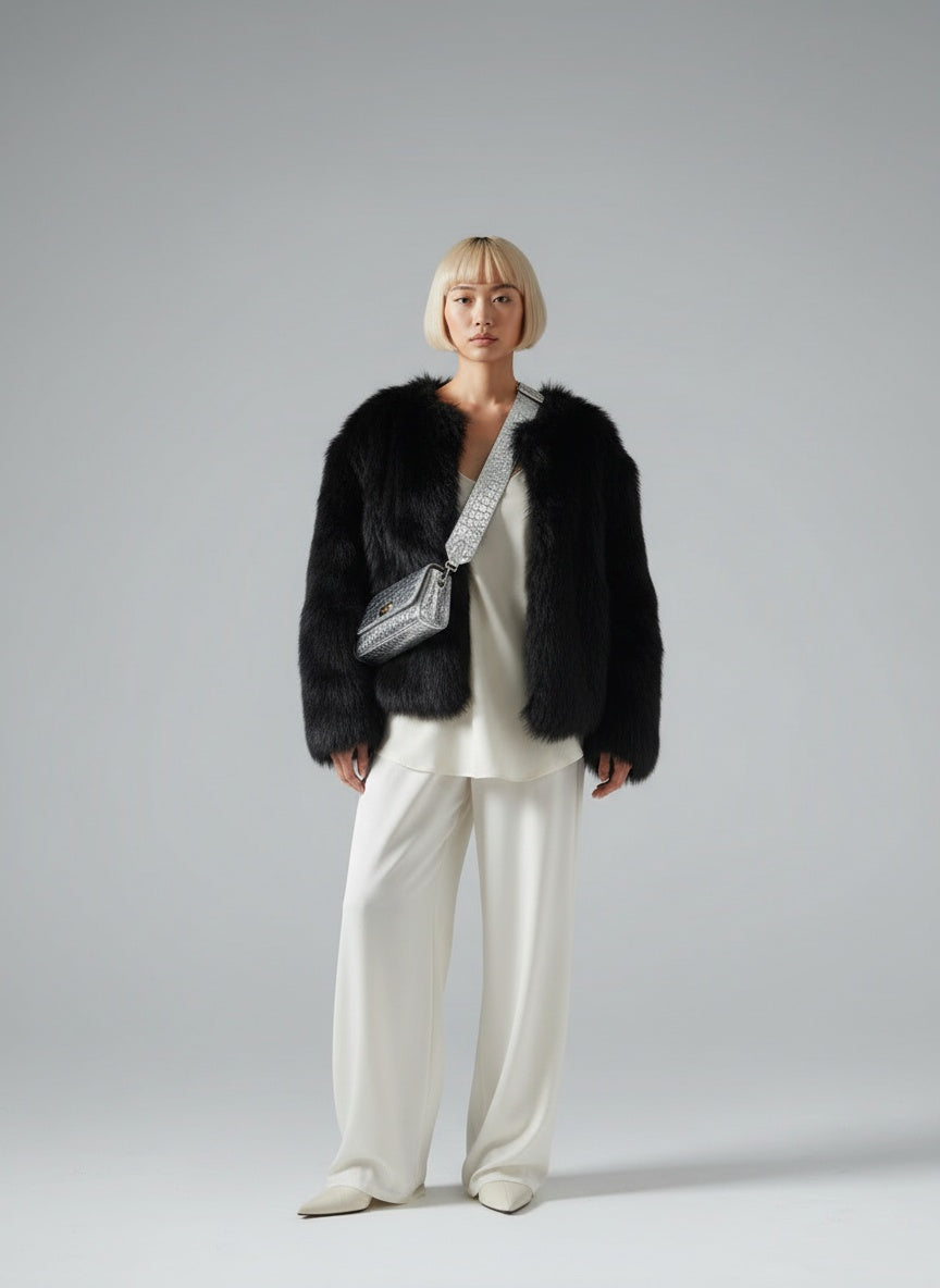 Full body view of the model wearing Amelie™ | Kunstpelzmantel