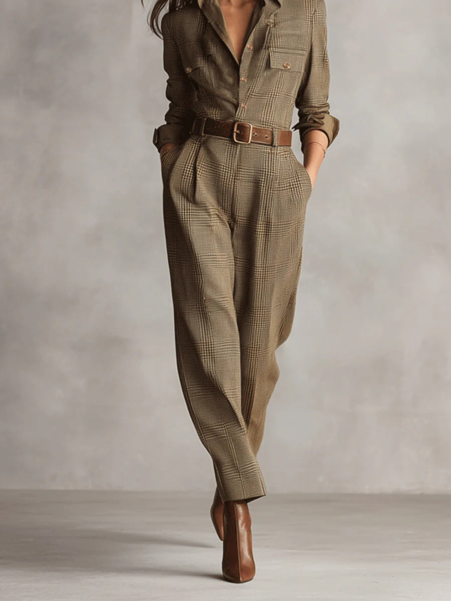 Brauner, eleganter Tweed-Textur Karo Utility Jumpsuit
