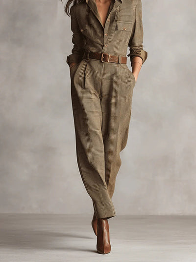 Brauner, eleganter Tweed-Textur Karo Utility Jumpsuit