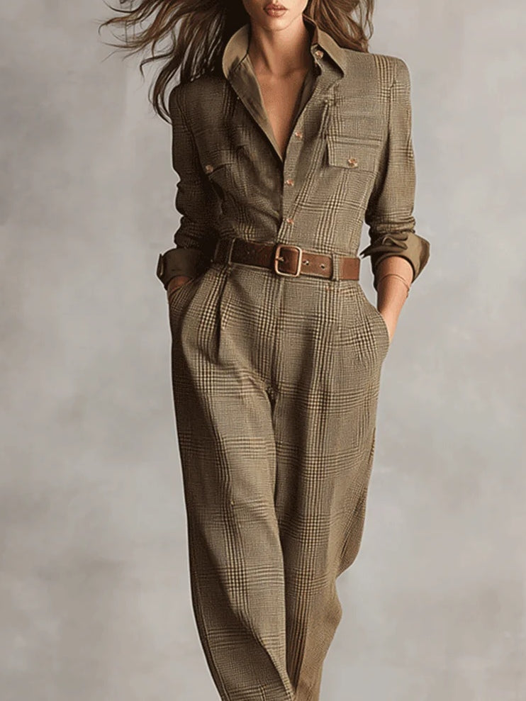 Brauner, eleganter Tweed-Textur Karo Utility Jumpsuit