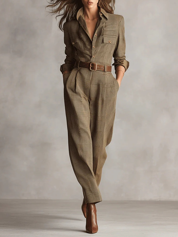 Brauner, eleganter Tweed-Textur Karo Utility Jumpsuit