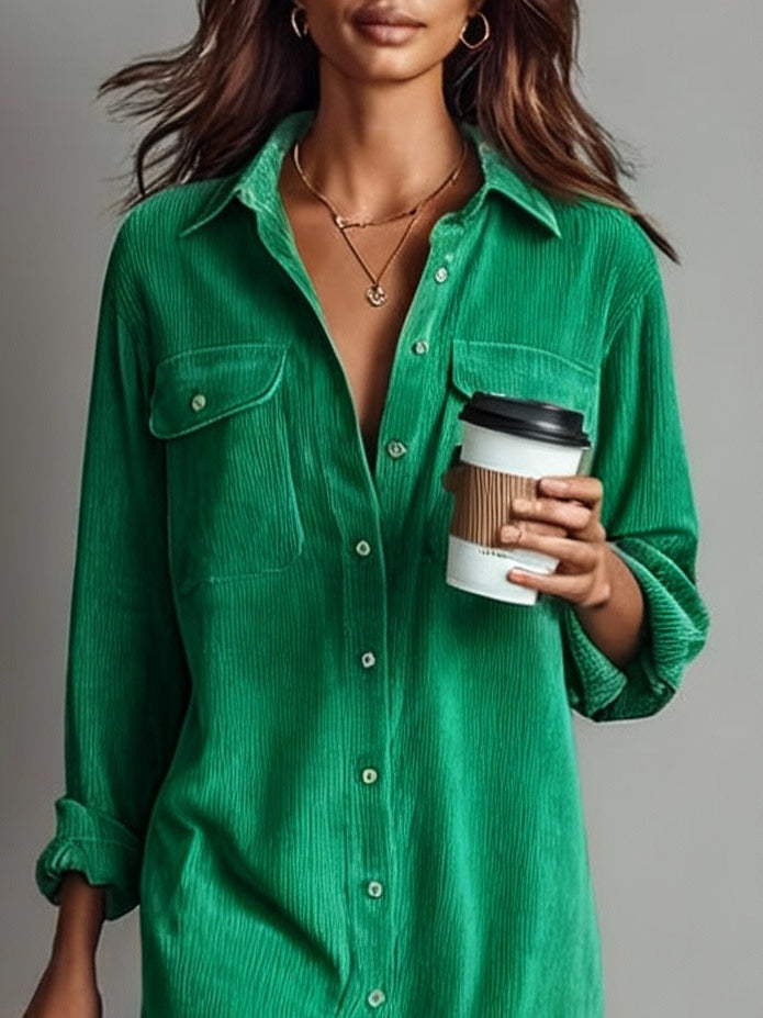 Lockeres Cord-Doppel-Brusttaschen-Midi-Kleid mit Ein-Knopf-Verschluss