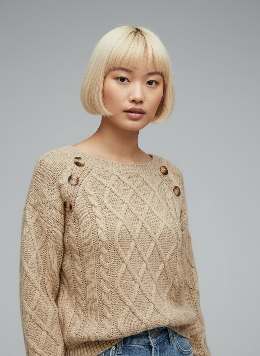 Close-up of the model wearing Lotte | Edle Kabelzugstrick-Winterpullover