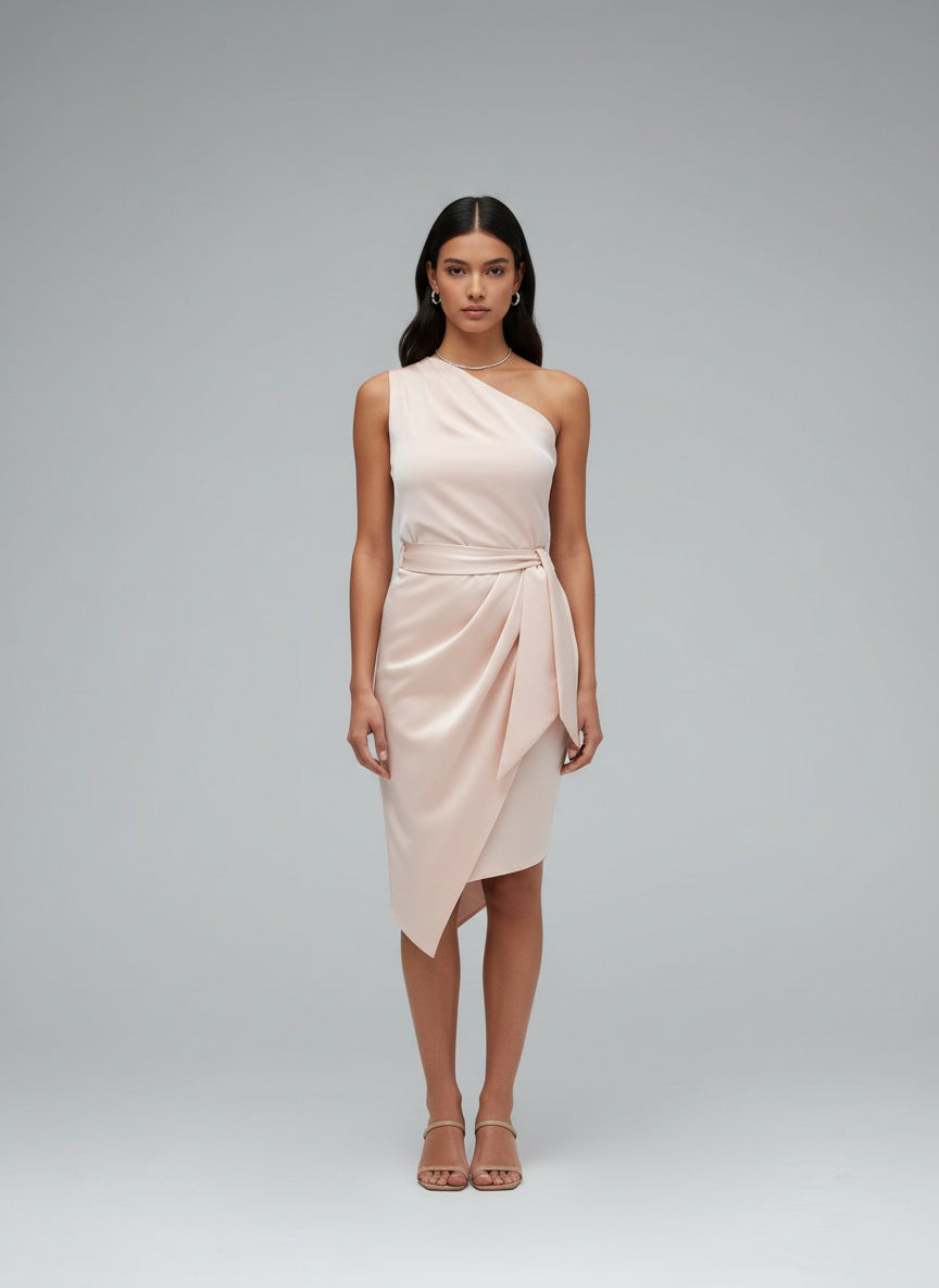 Full body view of the model wearing Cyvion - Satin Glow Kleid