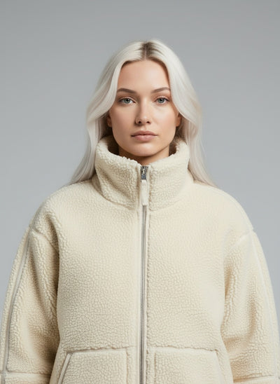 Close-up of the model wearing Mirella | Teddy Fleece Jacke