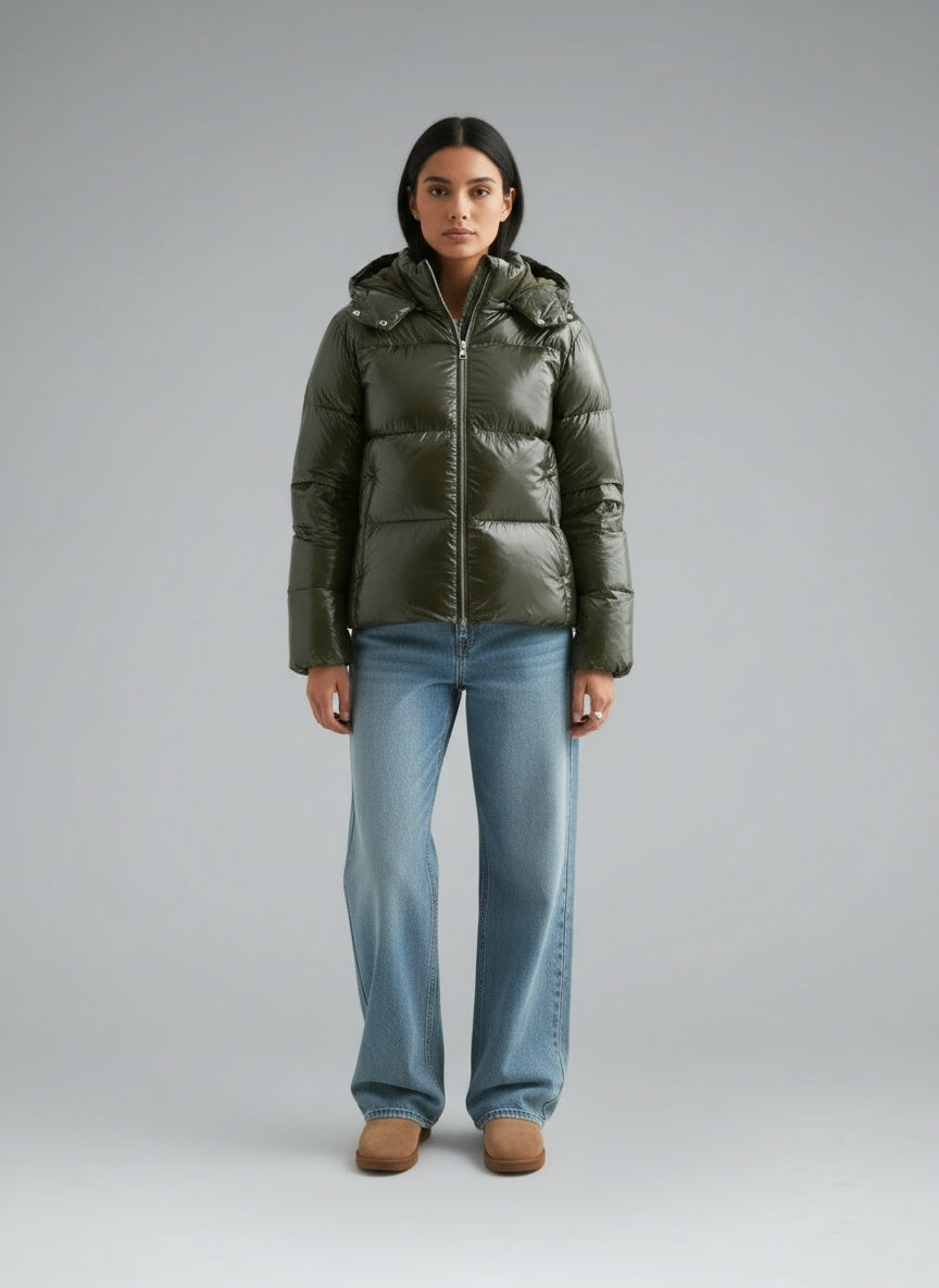 Full body view of the model wearing Noemi Puffer Jacke mit Kapuze