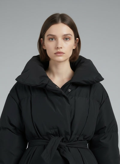 Close-up of the model wearing Elina™ | Gesteppte Kurzjacke mit Taillengürtel