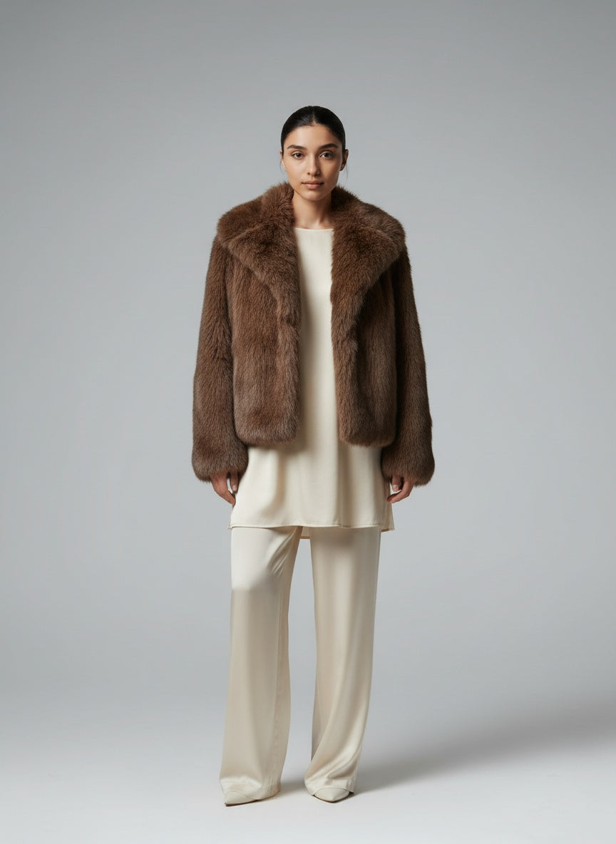 Full body view of the model wearing Tysa Kunstpelzjacke