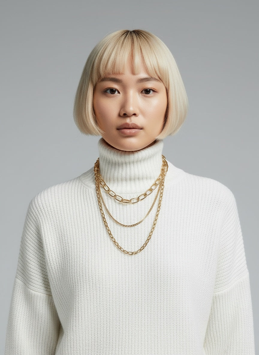 Close-up of the model wearing Yvonne™ | Eleganter und warmer Pullover