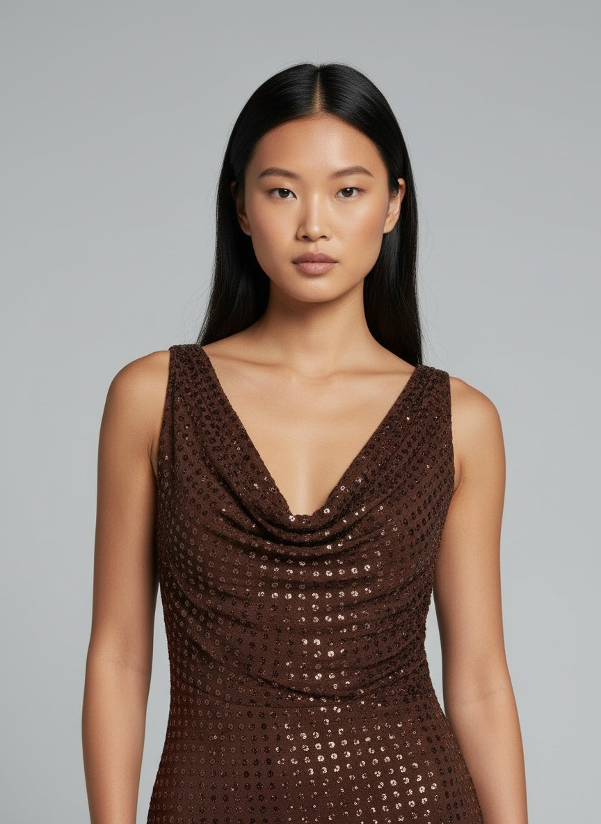 Close-up of the model wearing Cyvion - Midzomerglamour Kleid