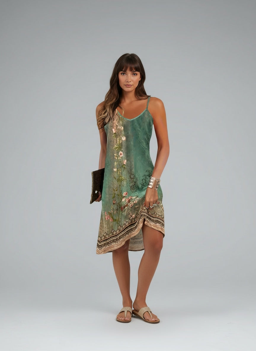 Full body view of the model wearing Ärmelloses Kleid mit Blumenmuster und doppelten Trägern