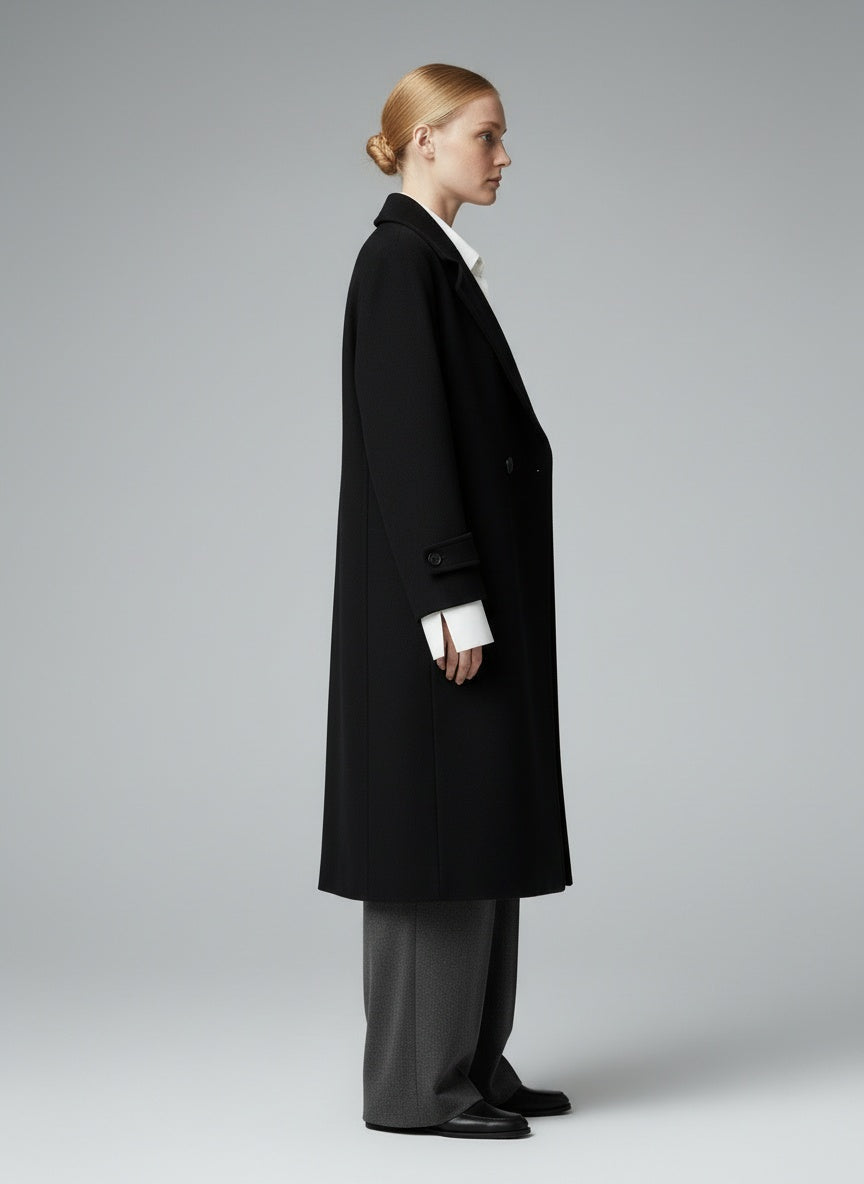 Side profile of the model wearing Isabelle Hart™ | Raffinierter Mantel