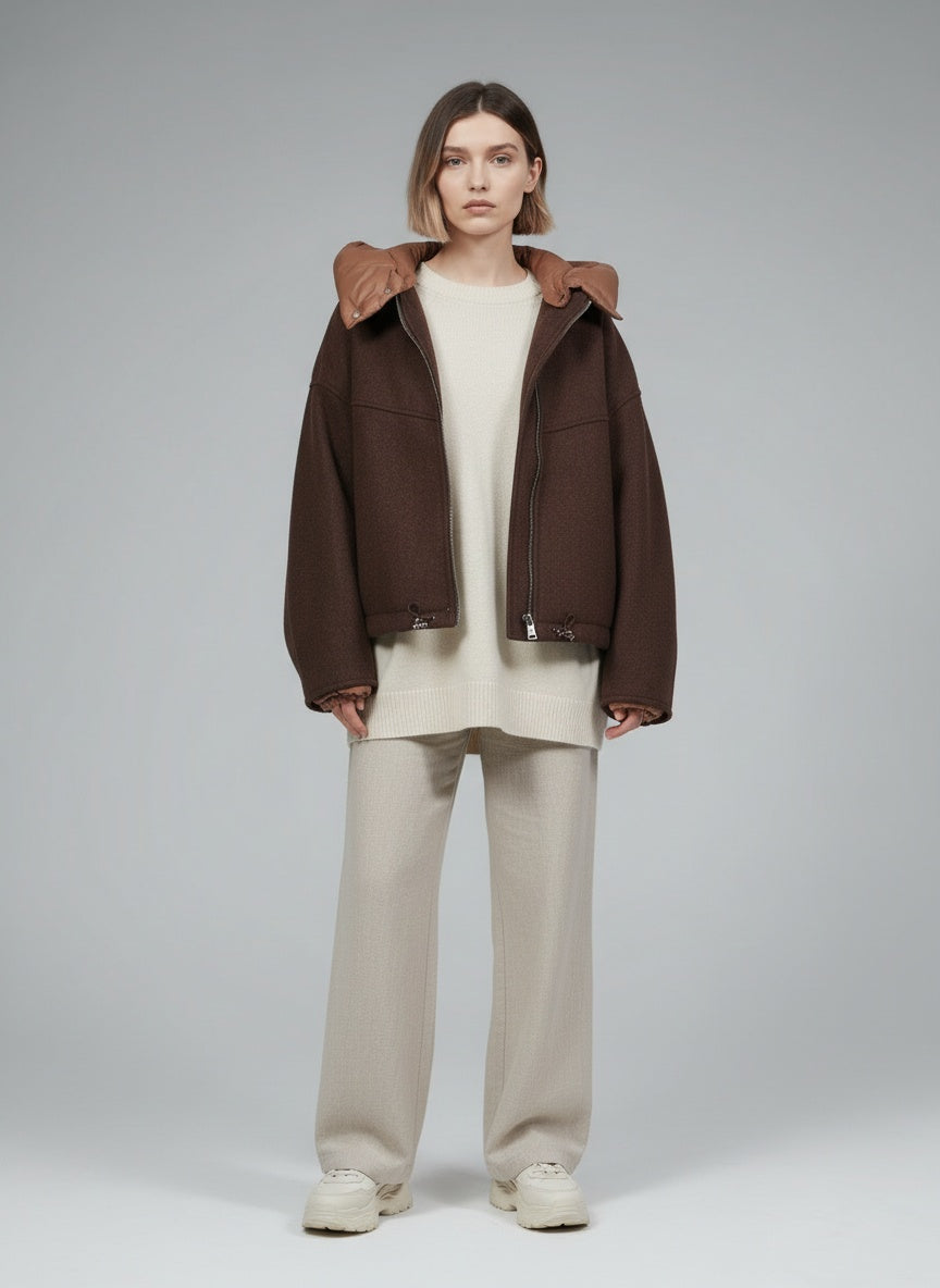 Full body view of the model wearing Alena Jacke