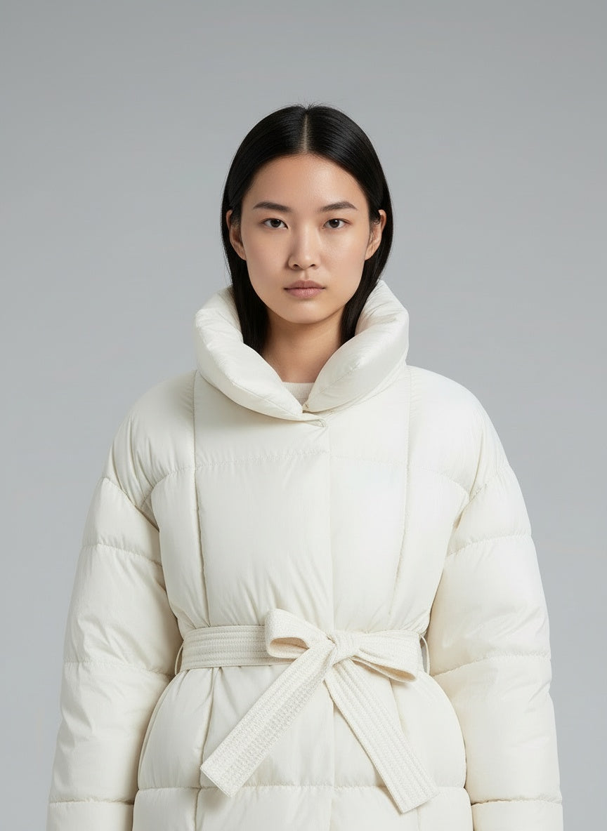 Close-up of the model wearing Anneliese | Steppjacke mit Gürtel