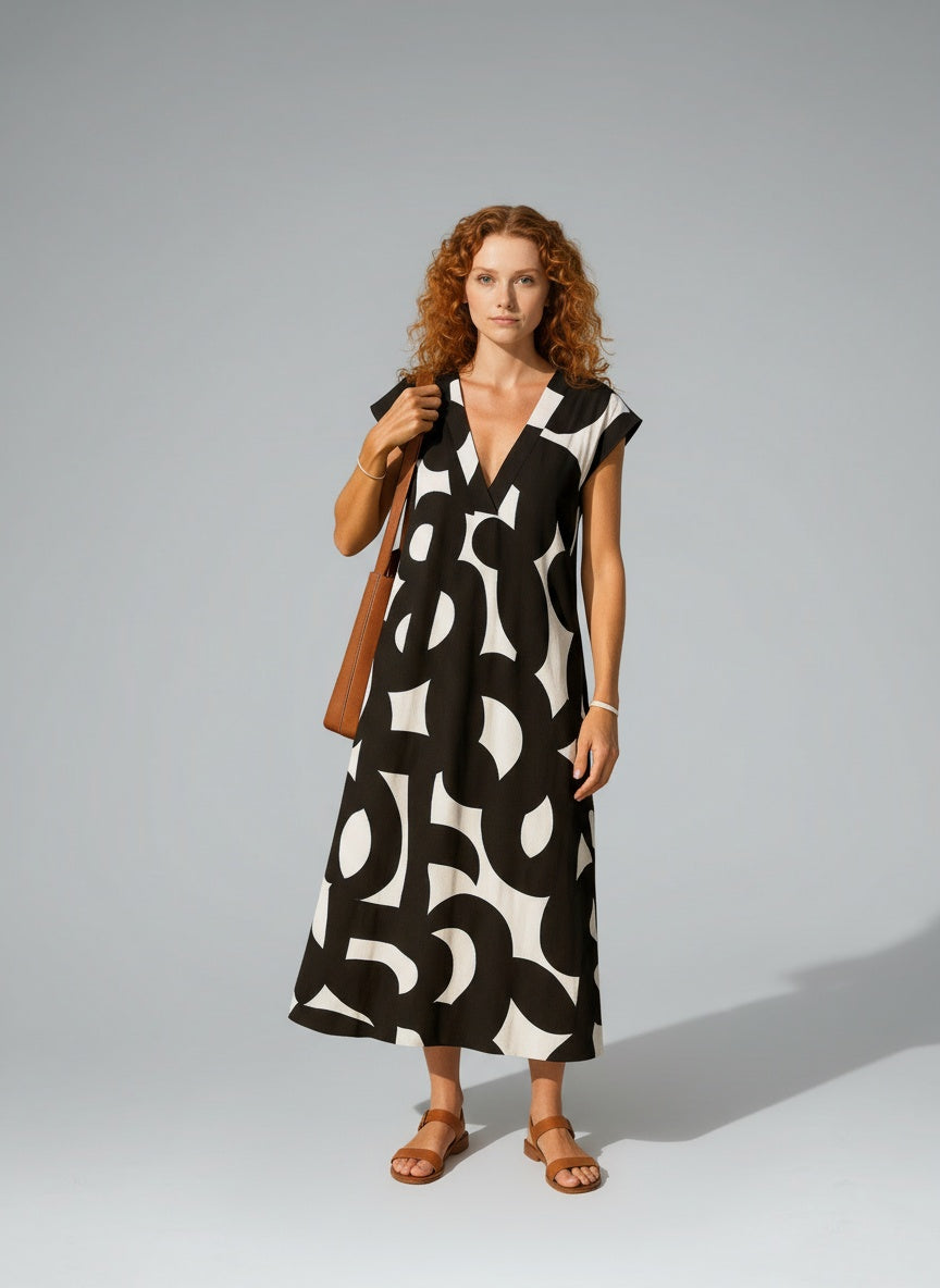 Full body view of the model wearing Valérie | Fließendes Kleid mit V-Ausschnitt