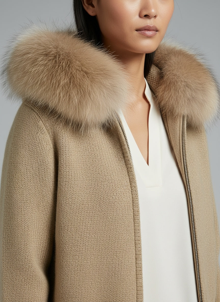 Detail shot of Lenora | Strickmantel mit Fellkragen