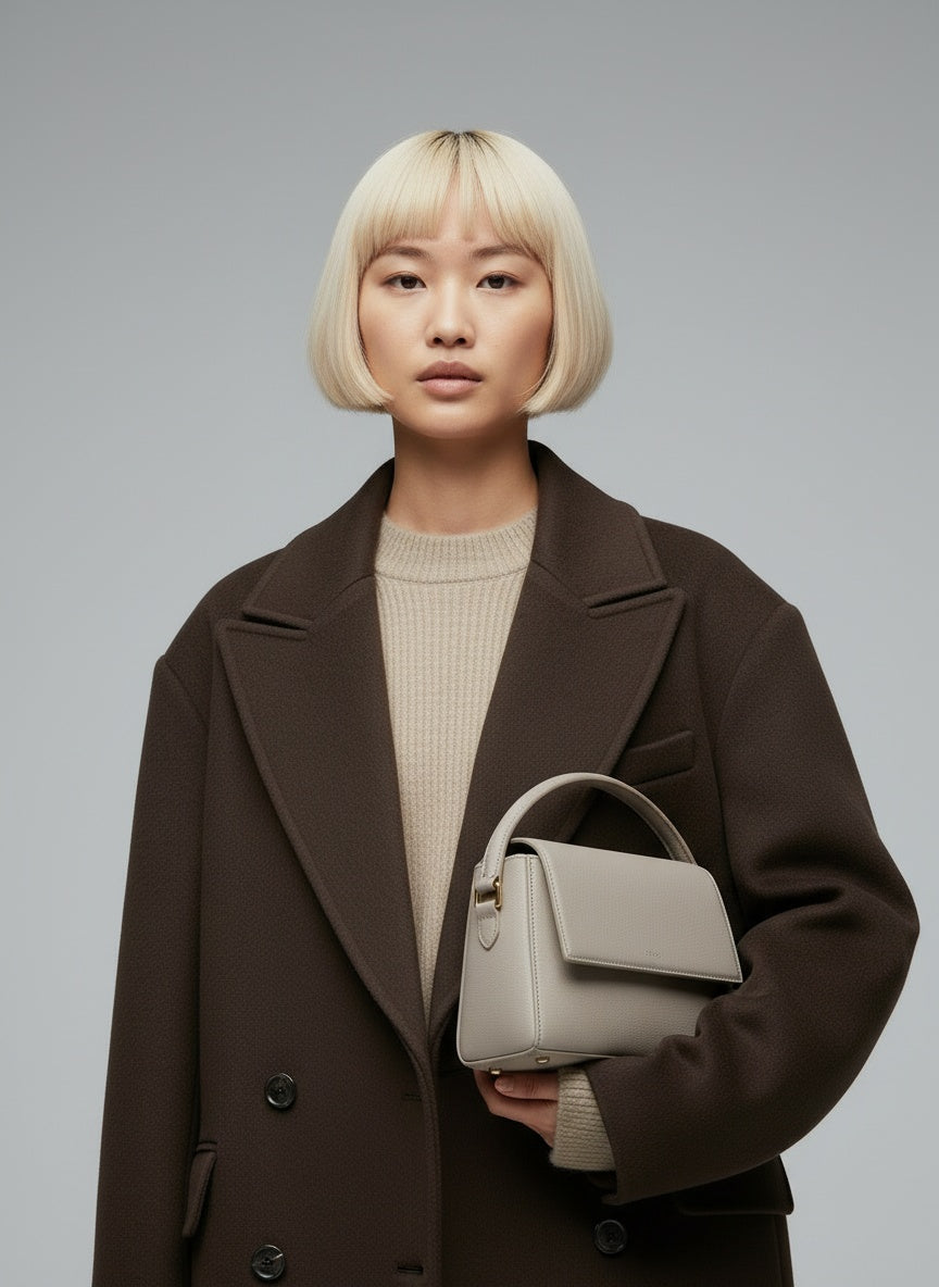 Close-up of the model wearing Lauren Mantel