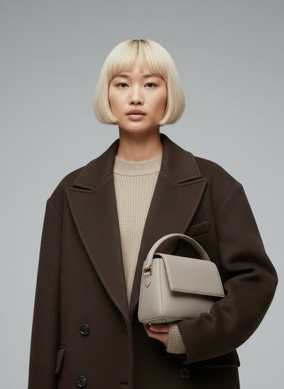 Close-up of the model wearing Lauren Mantel