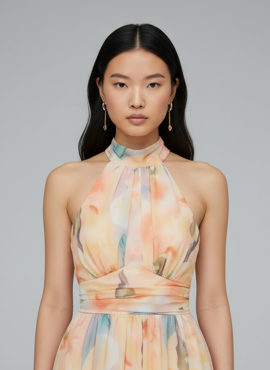 Close-up of the model wearing Naomi™ | Elegantes tailliertes Aquarell-Druck Kleid