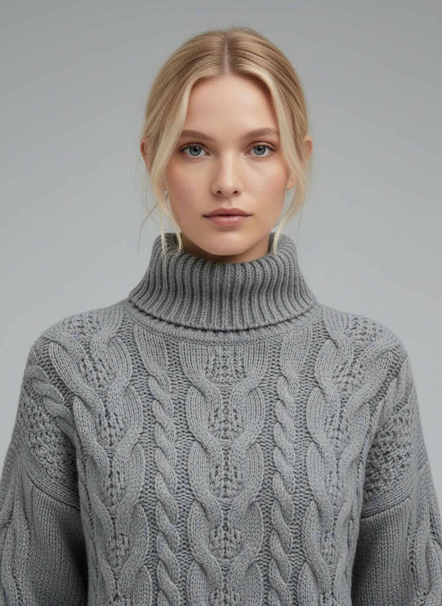 Close-up of the model wearing Amelia | Elegante gestrickte Rollkragenpullover