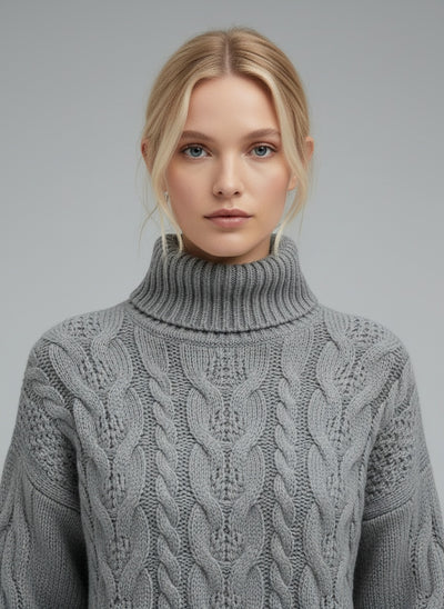Close-up of the model wearing Amelia | Elegante gestrickte Rollkragenpullover