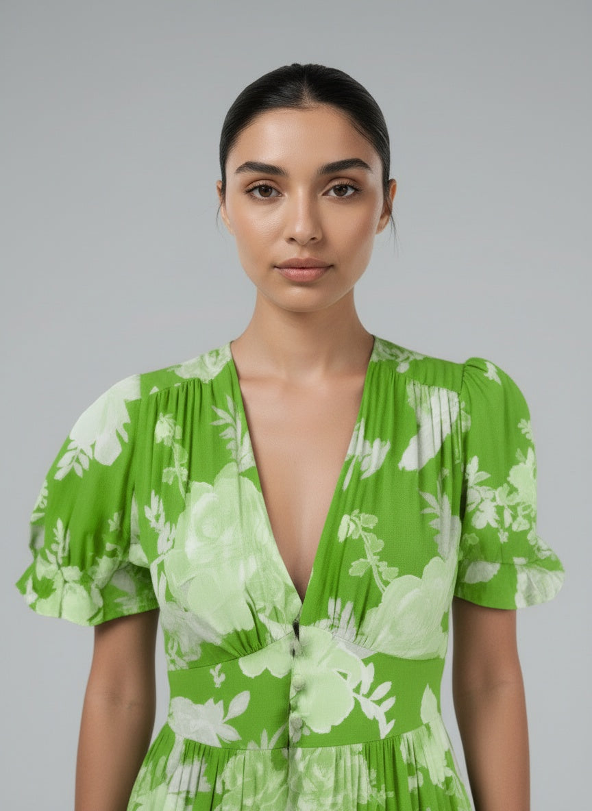 Close-up of the model wearing Carine | Kleid mit V-Ausschnitt und Blumenmuster