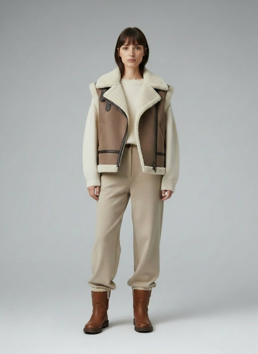 Side profile of the model wearing Evi | Herbst Teddy Weste