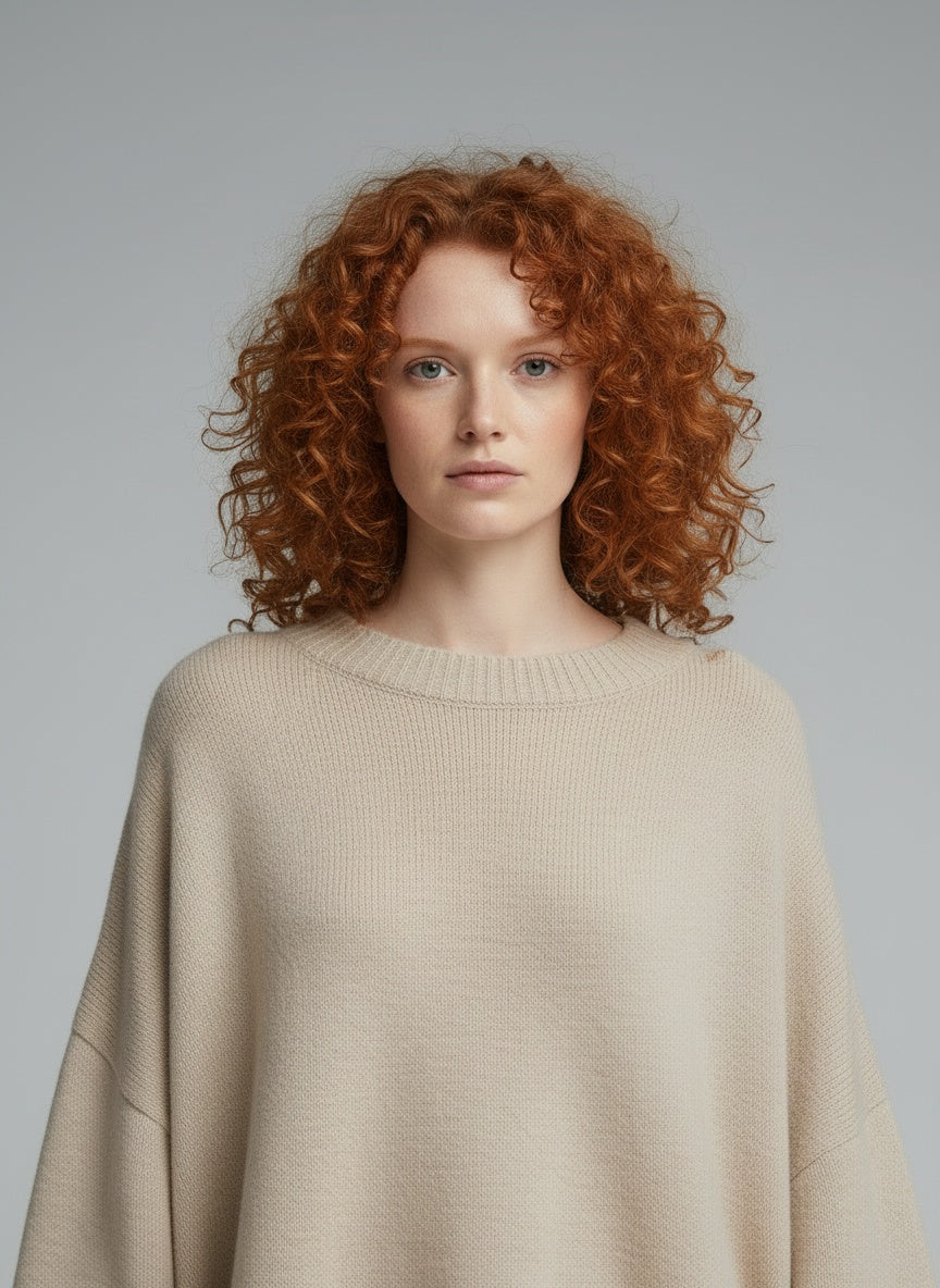 Close-up of the model wearing Mandy – Mühelose Eleganz Oversized Pullover