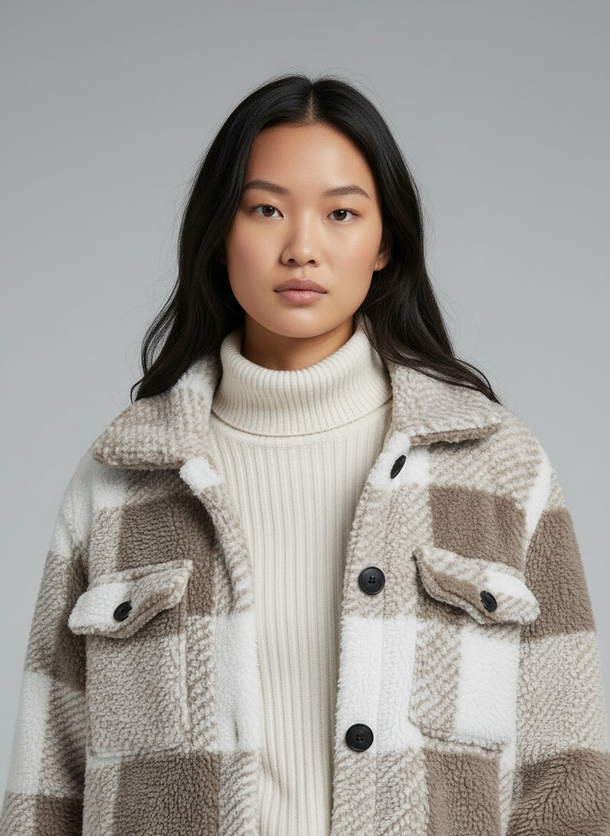 Close-up of the model wearing Emilia™ | Karierte Herbstjacke