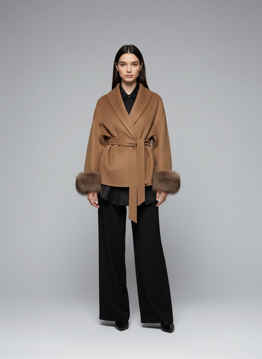 Full body view of the model wearing Linora Wollmantel