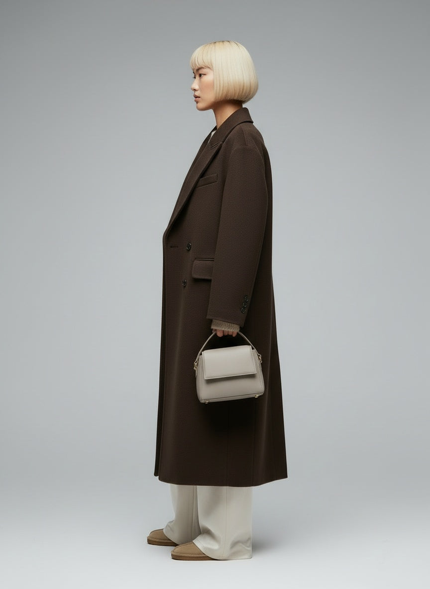 Side profile of the model wearing Lauren Mantel